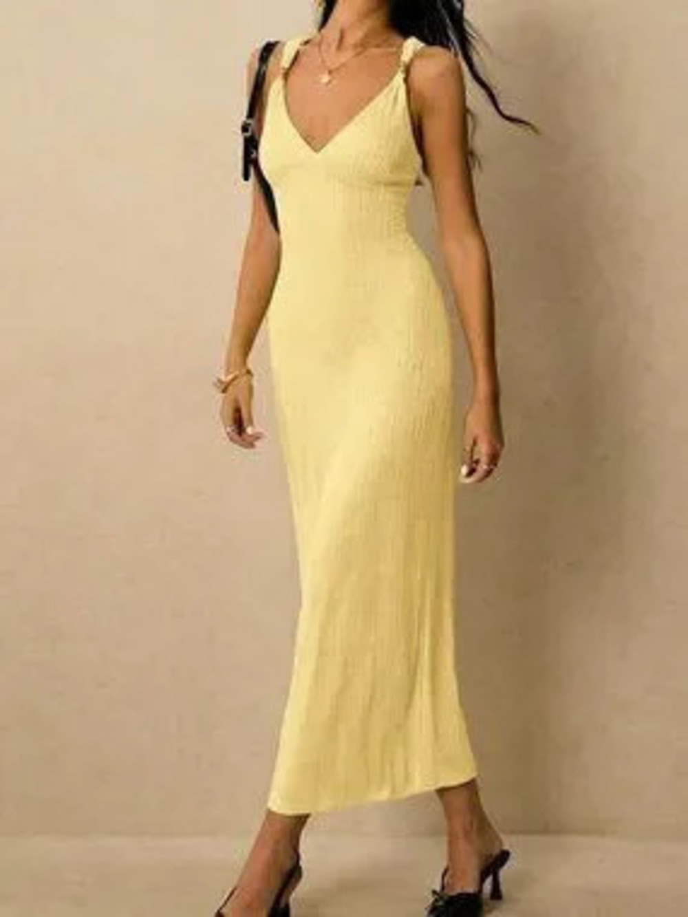 ZARA Light Yellow Sexy Women's Sweetheart Neck Fitted Elegant Sleeveless Dress - Picture 3 of 7